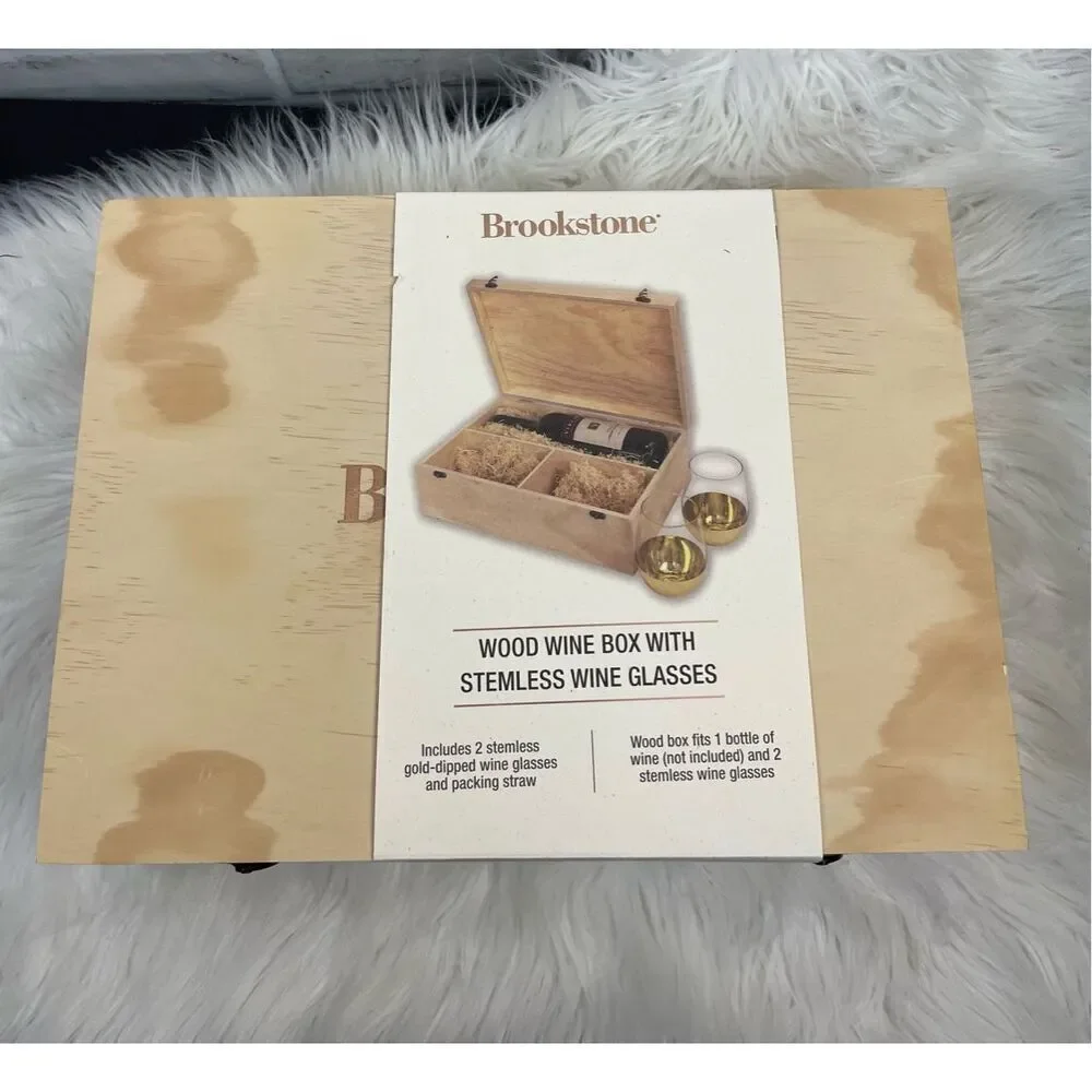 New Brookstone Wooden Wine Case Gift Box with Glasses